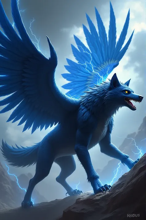 This beast merges a wolf with an eagle, featuring the body and limbs of a massive wolf, covered in sleek feathers instead of fur. It has large, powerful wings with feathers tipped in stormy blue. Its sharp beak and piercing yellow eyes make it a fierce hun...