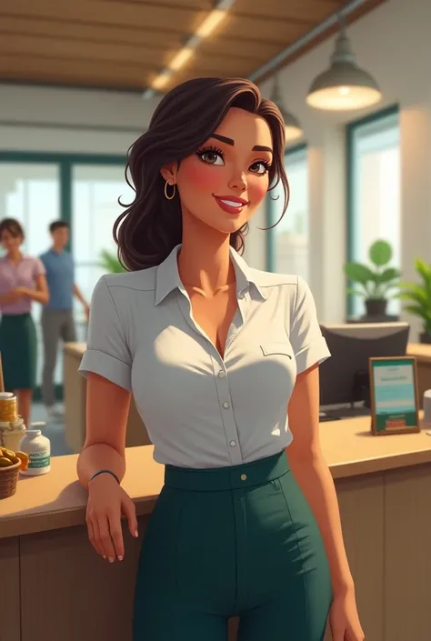 A Brazilian woman in a smiling work environment that demonstrates service to the public, cordiality, and customer enchantment.