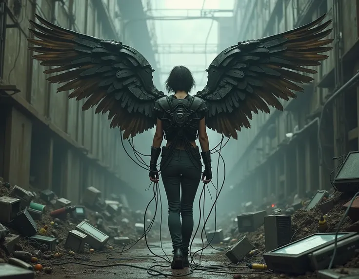 a person without factions who has robotic wings who tries to fly and who cannot because they are chained to their cell phone and electronic garbage in the background