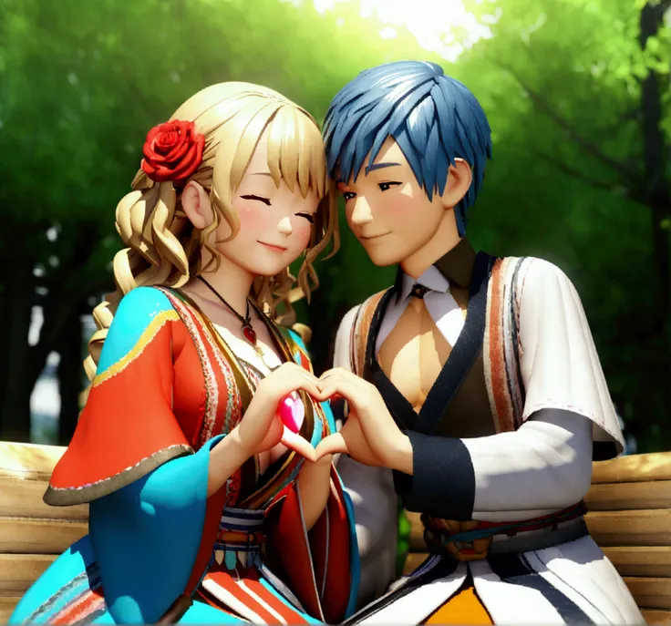 A cheerful couple in a 3D render, sitting in a park on a sunny day. The girl has wavy hair, wearing colorful traditional clothing and jewelry, while the boy is in blue with a rose on his chest. They’re close, making a heart with their hands. Background is ...