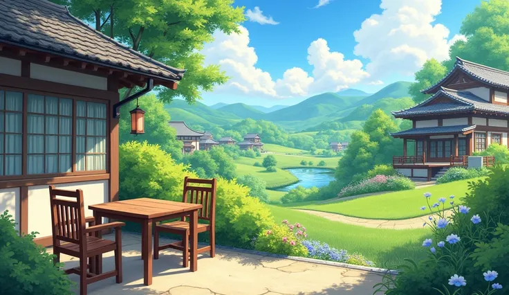  garden painting with table and chairs 、 cozy cafe background 、 detailed landscape 、Japanese Street、 Highly Detailed Scene 、Summer Afternoon、 Japanese Art Style 、 Beautiful Detailed Scenes 、Cottage core 、 Relaxing concept art 、Cozy home background、 landsca...