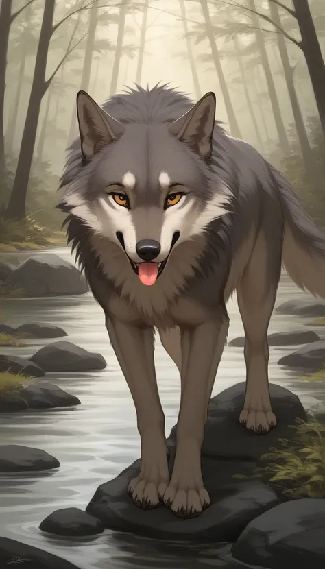  score_9,score_8_up,score_7_up, animal, female wolf, feral, wolf, wolf on bed, gray wolf, wolf head, wolf anatomy, feminime wolf, beautiful eyebrows, beautiful, wolf mouth, wolf nose, wolf face, solo wolf, open mouth, tongue out, river view, in forest, big...