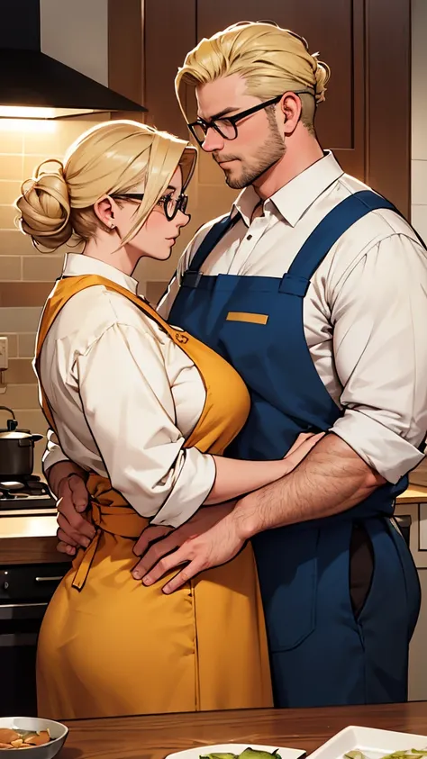  men and women are in Western-style kitchens . The woman is a 50-year-old mature woman with huge and thick boobs . women are ash-blond and have combed-back hair updo . the woman wears an apron and thin-framed glasses．Men are slender in shirts ．  The couple...