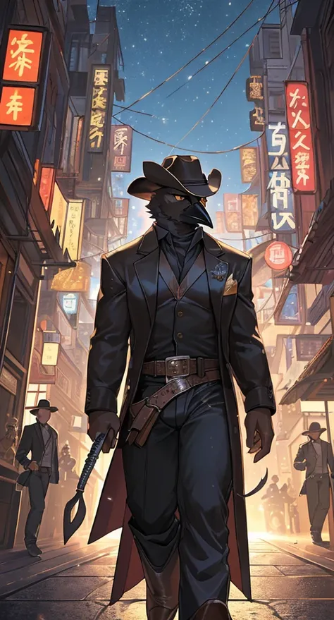  Game Art Style ,  Refined Art , masterpiece, ((Alone)), human,((male,  Male Crow )), expressive,  excellent anatomy, charm,Downtown Streets , Hes a Cowboy , Genius Hitman , Cyberpunk Style ,((( Highly Exposing Cowboy Outfit ))),  Throwing Knife, Black Fea...