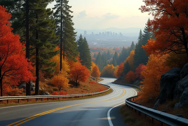 Best Quality,Very detailed,High resolution,8ｋwallpaper,Accurate depiction,Realistic design,Wide two-lane road in the forest,Guardrails on both sides,corner,background:A spectacular view of the distant cityscape and horizon through a gap in the forest,Side ...