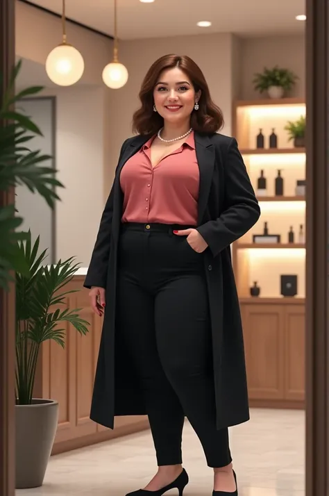 woman 1.65 tall, plus size, with shoulder-length brown hair, brown eyes, in the beauty clinic dressed in black pants, pink blouse and black coat, standing, wearing pearl earrings and red painted nails