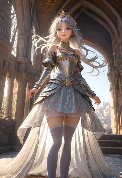 (  Highly Detailed CG Octane Rendering 8k Wallpaper ),  Worlds Most Beautiful Artwork ,  full body shot seen from below , Complex,  high detail, ８Age Girl, Gold and silver embroidery,  Medieval Long Gauze Dress （With panniers）, Crystal Clear Fabric,  raise...