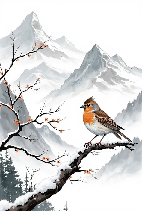 a detailed ink painting of a small sparrow perched on a winter branch, a cold and snowy mountainous landscape  , snow falling, 8...