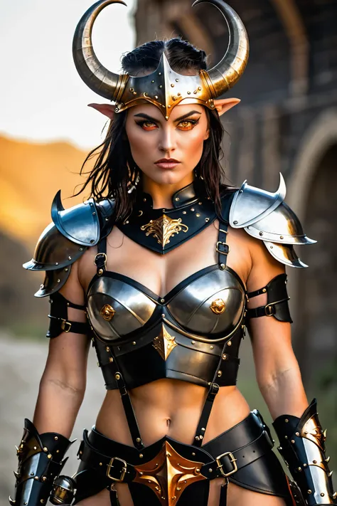 A warrior woman in full plate armor with a bare chest and upper torso, naked chest, nude breasts exposed, nipple piercings, plate mail is black and gold, black leather under plate, large two-handed sword, horns protruding from helm, glowing orange eyes, at...