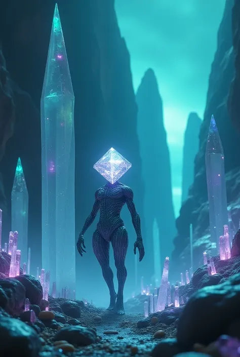 a diamond-headed alien,alien,extraterrestrial,crystal planet,crystalline landscape,glowing crystals,iridescent crystals,bioluminescent flora,floating rocks,alien architecture,advanced technology,deep space,cinematic lighting,sci-fi,highly detailed,photorea...