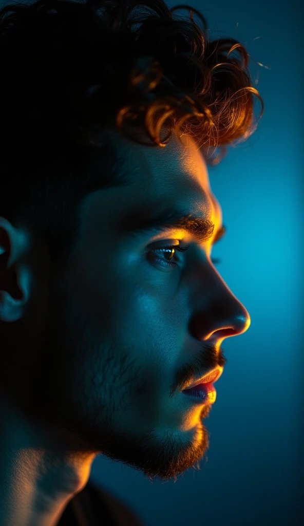 Close up of Man, yellow and blue lighting, high contrast, glowing cool colors, dark background, shadowplay, in the style of beautiful portrait, 35mm, f22 