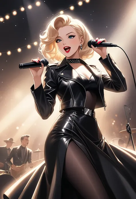 A close-up oil painting of Marilyn Monroe performing on a rock and roll stage. She is holding a vintage microphone with confidence, dressed in a glamorous, edgy outfit with a leather jacket over a sparkling dress. Her face is expressive and passionate as s...