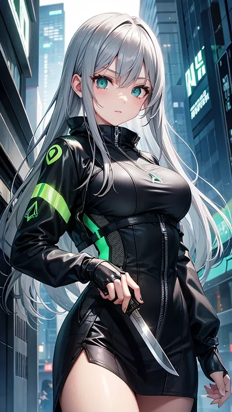 Gray Hair、Jade green eyes、beautiful girl、knife、 cyberpunk