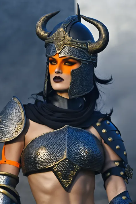 A warrior woman in full plate armor with a bare chest and upper torso, naked chest, nude breasts exposed, nipple piercings, plate mail is black and gold, black leather under plate, large two-handed sword, horns protruding from helm, glowing orange eyes, at...