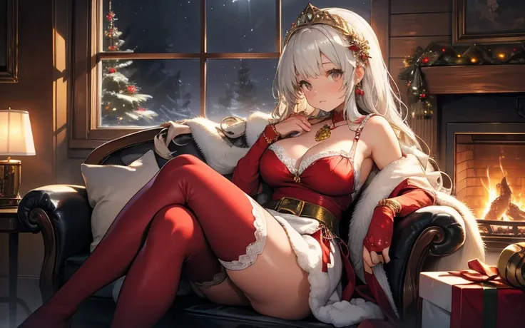 beautiful young anime girl with extremely large breasts, cleavage, Inside a cozy log cabin warmly lit by a crackling fire, laying on a chaise longue,, exuding elegance and warmth. The golden glow of the fire reflects off her flawless skin and highlights he...