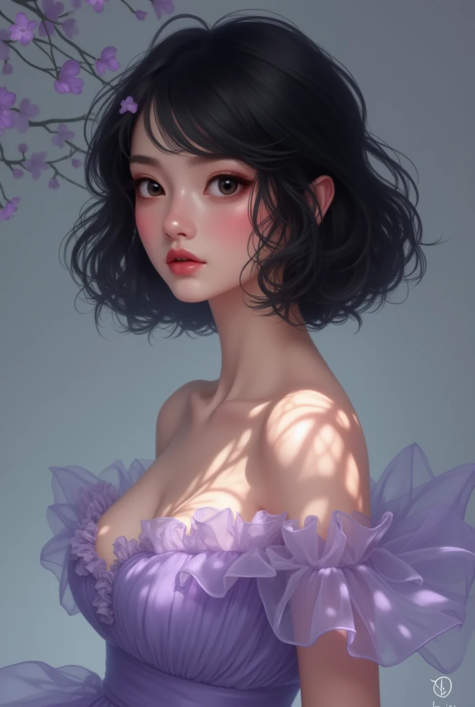   short black and wavy hair wearing lilac dress eye color black