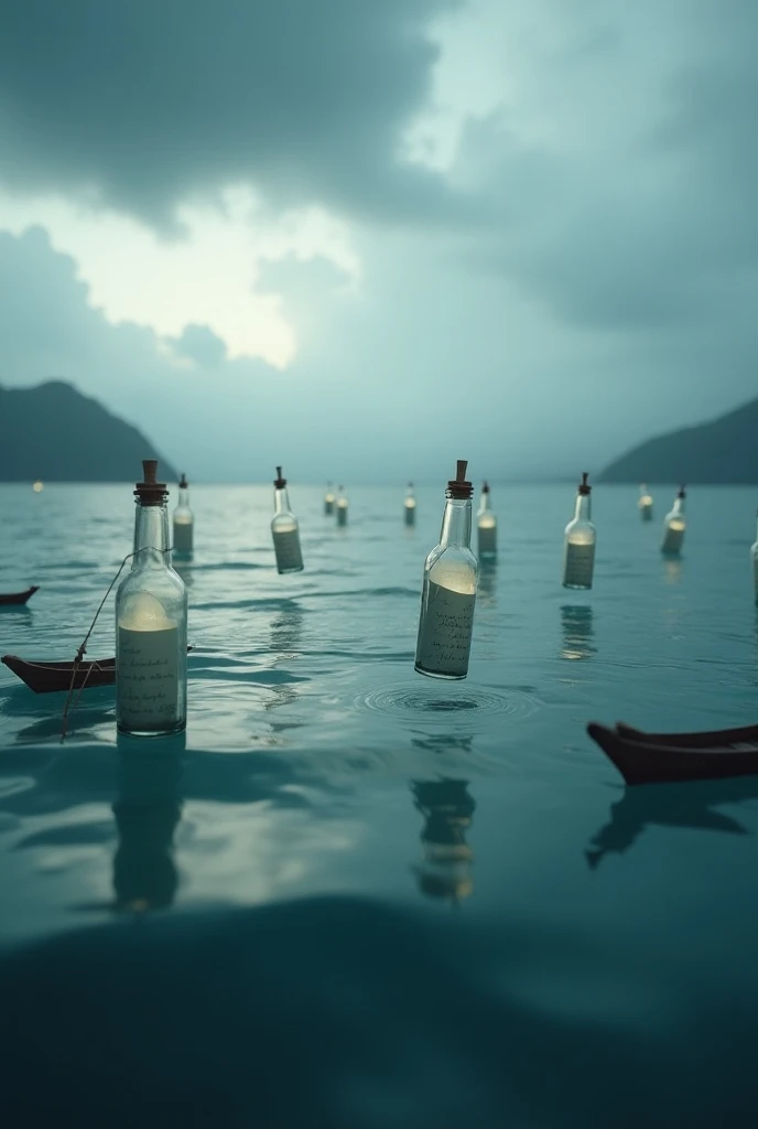  small glass bottles floating off the ocean、 white paper letters inside 、 small boats on the left and right sides of the ocean 、Dark and cloudy sky 、