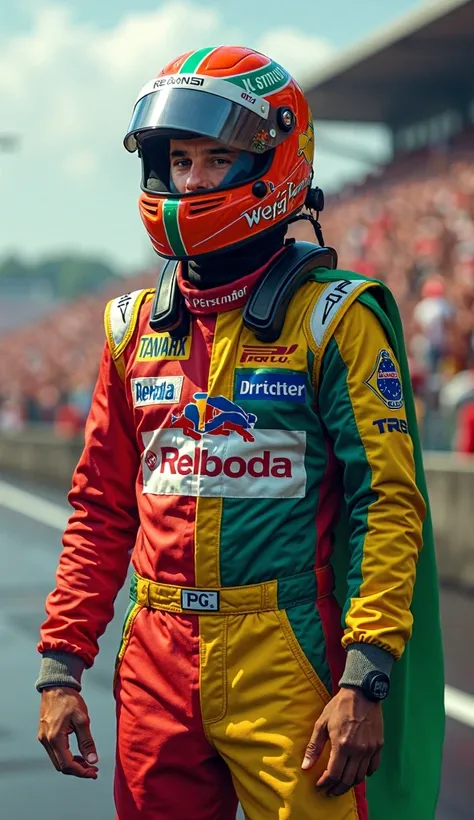 Create an image of a race car driver inspired by Ayrton Senna. The driver is wearing a racing suit and helmet in vibrant colors reminiscent of Sennas style. He stands confidently, holding a Brazilian flag, with the design and colors clearly visible. The ba...