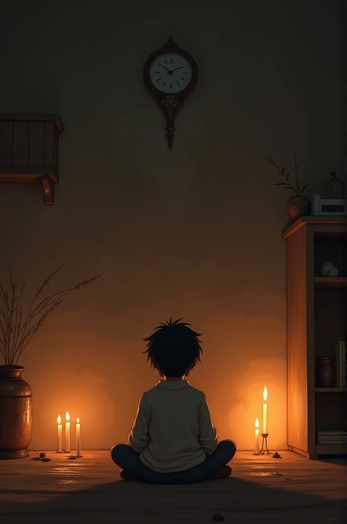 Make a room with a lonely boy with soft light and candles 
