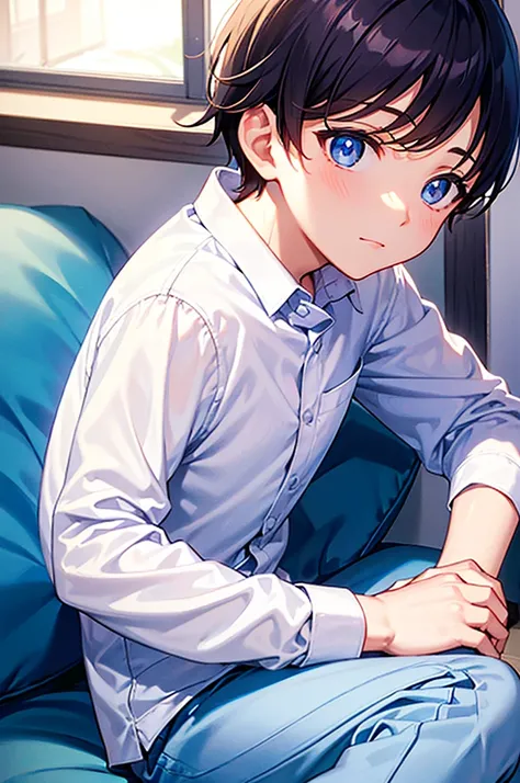 a boy sitting in a bedroom, wearing white long sleeve shirt and blue underwear, side view, (beautiful eyes, soft, best quality)