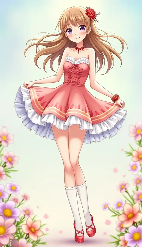 School Belle，flower Short skirt，High heel，Smile，Long Legs， strapless，shy，Flowers