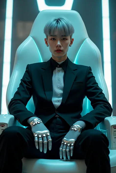 An image of a young k-pop idol man with short hair, skinhead, silver-gray, wearing a black suit, sitting across the mall on a glowing chair, sci-fi, photographed model of the SXR brand, a fashion dress of the future, characterized by the sleeves./, gloves ...