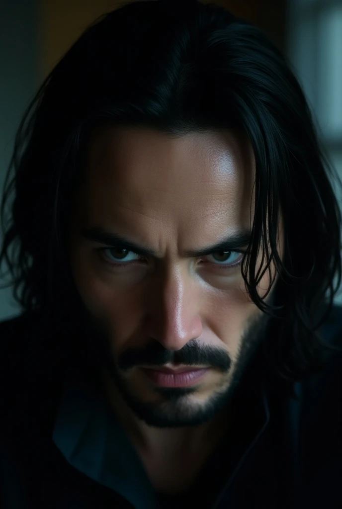 A young man with long hair face close shot behind the like john wick