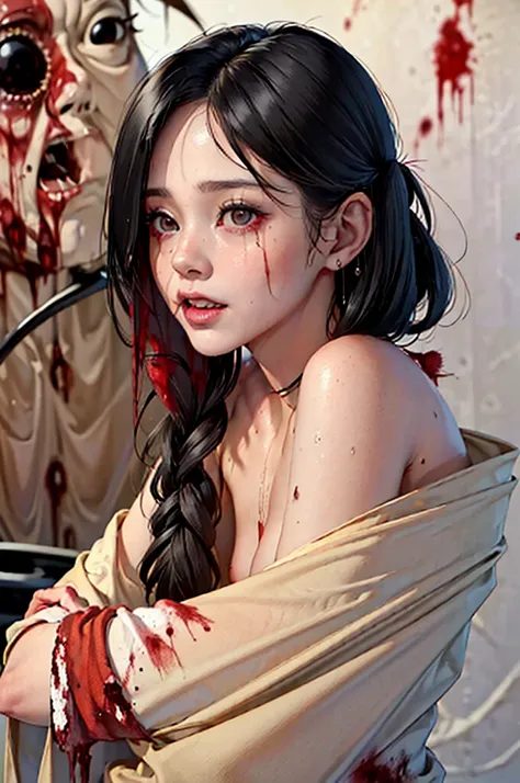 (Best Quality),Highly detailed,Super detailed, 1 girl, (beautiful girl),((Baby Face)), ((High school girl)), (Dark atmosphere), (Dim lighting), (( sexy)),( small breasts),Black Hair, bob cut , (Completely naked), Halloween , (( zombie cosplay)),(((Zombie M...