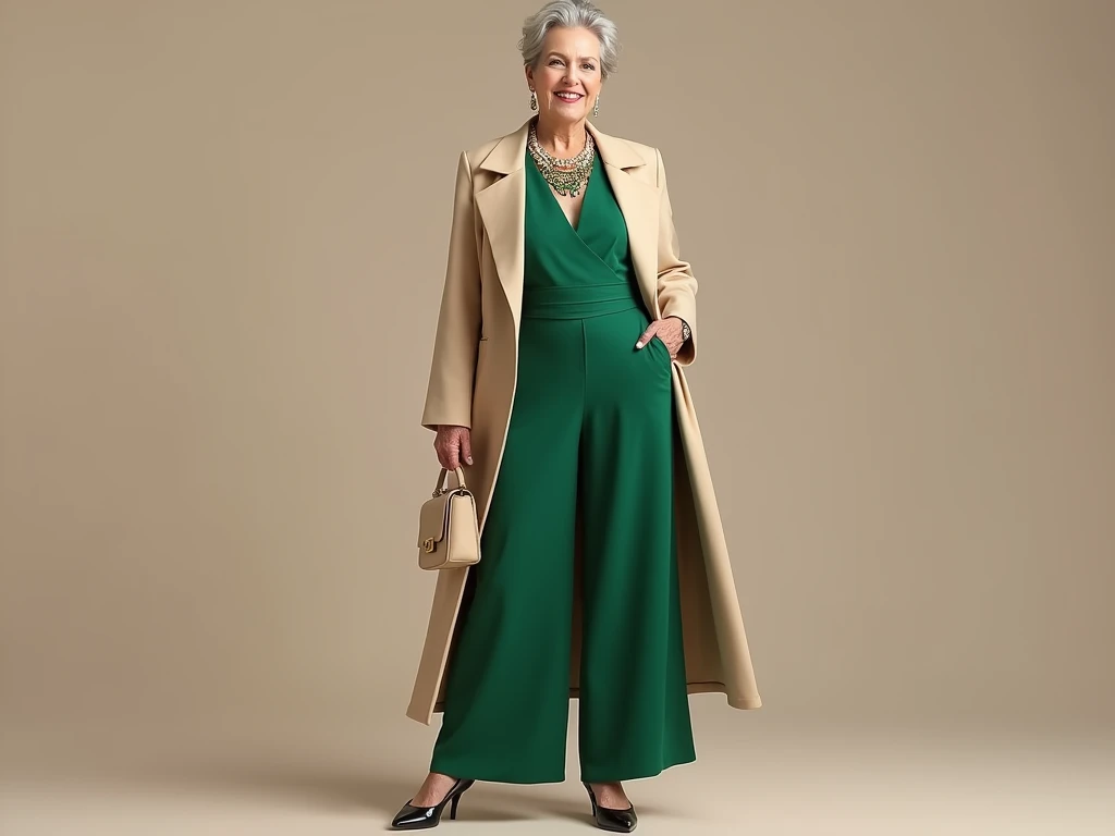 CREATE AN IMAGE OF A SOPHISTICATED WOMAN OVER 50 WITH AN EMERALD GREEN AND BEIGE LOOK THE IMAGE MUST SHOW EVERY LOOK