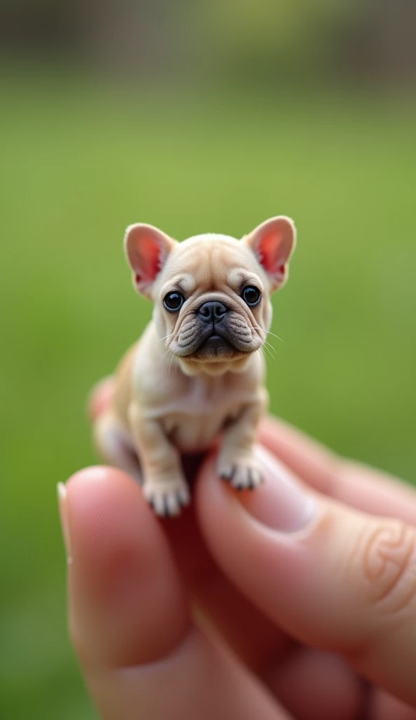 Miniature Tiny Bulldog puppy sitting on a finger, with wrinkly skin and a small, curious face, soft outdoor background with a green lawn softly blurred.

