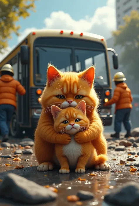 Create visual prompts or storyboards about a sad story of "an orange Realistic chubby cat traveling with his chubby orange kitten from the bus station to a bus crash. I will use the Storyboard to generate Visuals in Bing AI. Here’s the outline of the story...