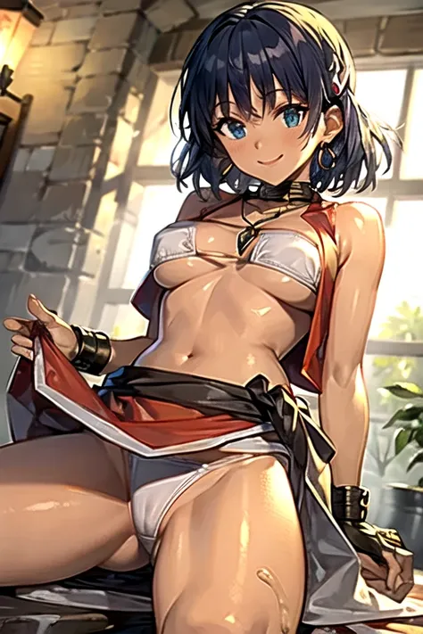 (masterpiece, Best Quality;1.3),  extremely detailed,  1 girl, Alone, Detailed skin,  , Dark Skin Tone,  big breasts at the temple, Cowboy Shots , smile, Nadia, Dark purple hair , white bikini, Red vest,Gold Collar,  Large Light Blue Gem Necklace, From bel...