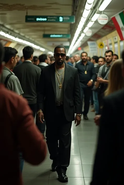   P_diddy walking in a subway station in America, Tehran. With people around him who are looking into the camera