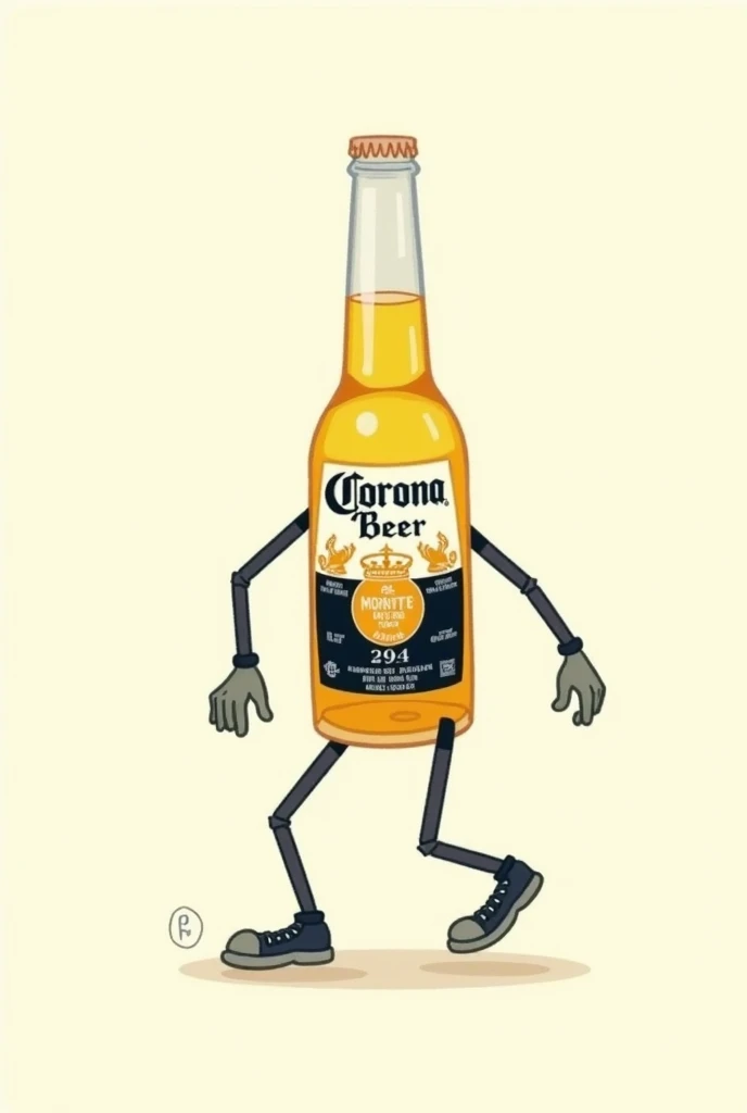  Illustrative image of a bottle of Corona beer , with feet and hands .  walking very drunk and dizzy from all the alcohol he has consumed