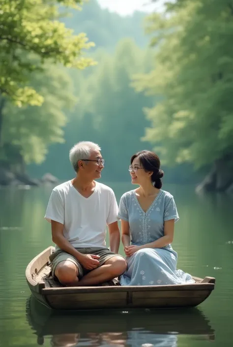 a man Japanese face 50 year old,wearing a glasses,wearing a white V neck t shirt and short cargo,a woman Kapanese face 40 year old,wearing a light blue flower motif dress,were sitting together on a wooden boat in the middle of a lake in the wilderness,high...