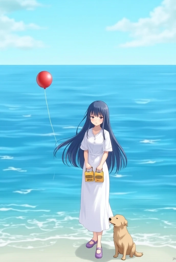 A beautiful anime girl with long dark blue hair and hair in front of her. She wears a normal dress with a red balloon and stands by the sea and holds an iPhone in her hand and two essential orange radio stations 
 The girl is beautiful and has a dog and pu...