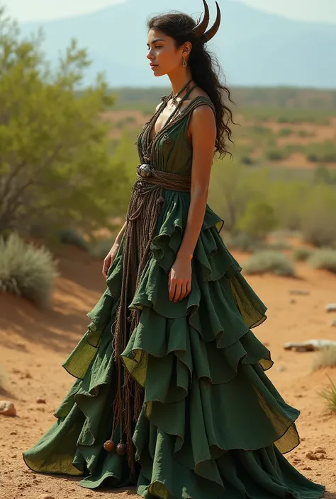 A striking woman with a gentle, reflective expression, embodying the essence of the Kazakh longhorn beetle, stands centrally in an abstract semi-arid landscape. Her earthy gown, crafted from Zamia montana, cascades with intricate layers of deep greens and ...