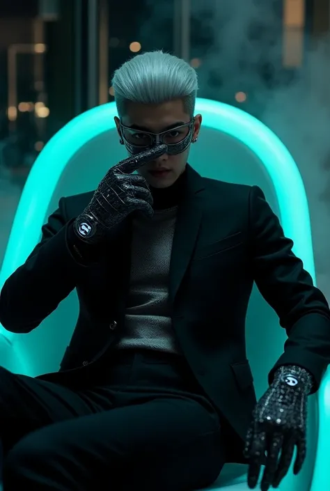 An image of a young k-pop idol man with short hair, skinhead, silver-gray, wearing a black suit, sitting across the mall on a glowing chair, sci-fi, photographed model of the SXR brand, a fashion dress of the future, characterized by the sleeves./The glove...