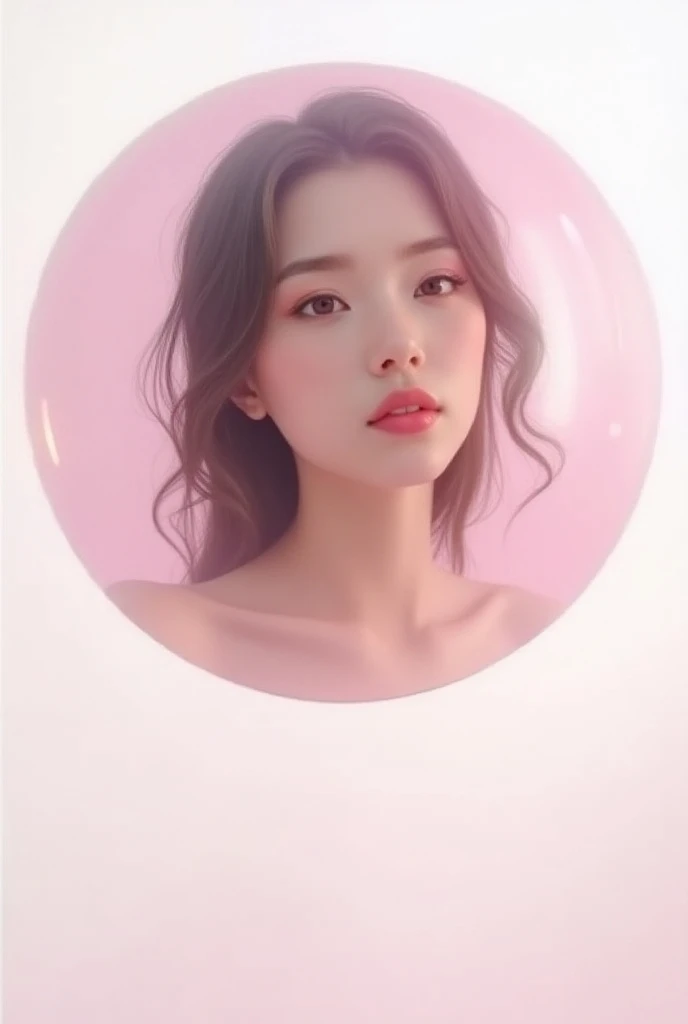  on a white background , Theres a pink bubble ,There is a round frame inside the bubble ,  There is a picture of a beautiful girl in the frame