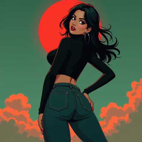 Vector illustration, anime, Mature Woman, dark orgasm, turtlenecks and flared jeans and flared jeans, green,red,sky, red lips, turns around, provocative photo shoot