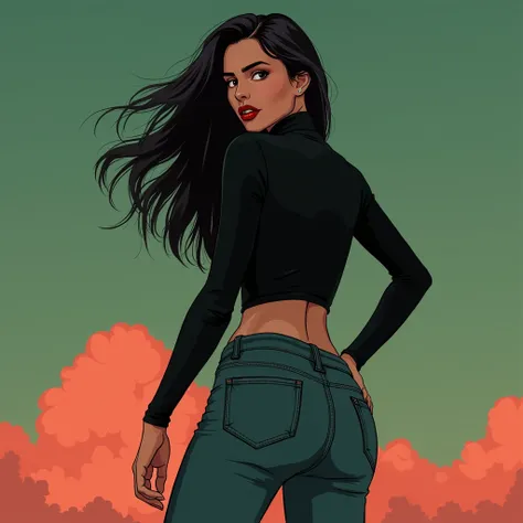 Vector illustration, anime, Mature Woman, dark orgasm, turtlenecks and flared jeans and flared jeans, green,red,sky, red lips, turns around, provocative photo shoot