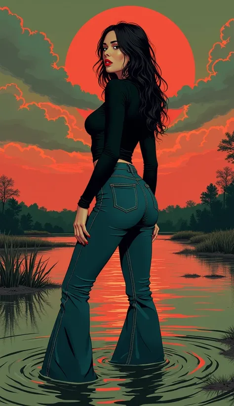 Vector illustration, anime, Mature Woman, dark orgasm, turtlenecks and flared jeans and flared jeans, sinking in the quicksand swamp, green,red,sky, red lips, turns around, provocative photo shoot