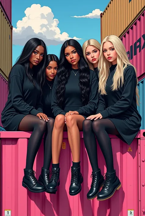  visual style. A group of 5 teenagers, three are black-skinned , long straight hair, with a mole on the right cheekbone ,  and two are white-skinned with long hair, one of them blonde and the other black hair,  dressed in black with high tights and a skirt...