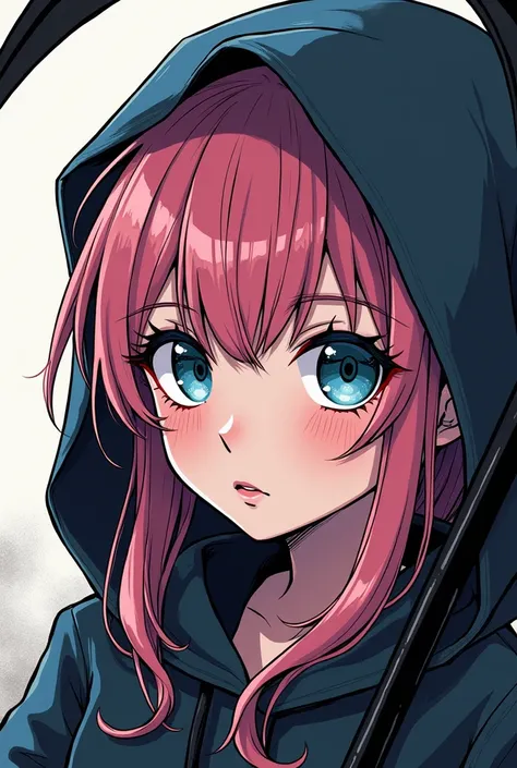 Comic book cover image, Grey Reaper&#39;s Scythe, It depicts a cute girl with pink hair that stretches to her waist and blue eyes, The sickle is held in a beautiful posture and has a single black handle..