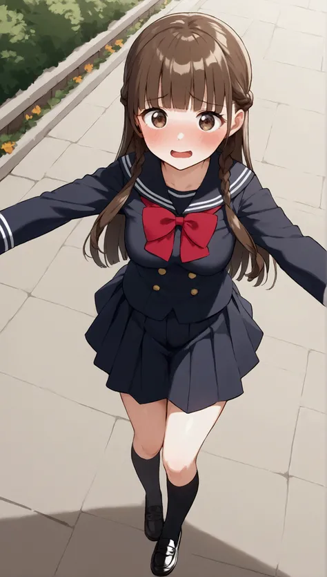 {Best Quality], [Very beautiful], [Ultra fine], [Best illustration],sauce_anime,stand,Brown Hair,hime cut,Long Hair,Braids,Excited face,Cutesy,I like you make an appeal ,High school girl,Black Sailor Suit,skirt,Beautiful breasts, black high socks , black l...