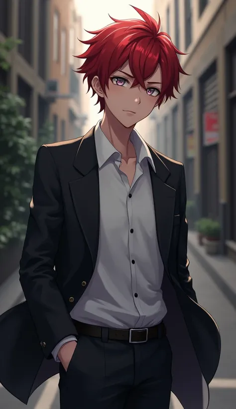 masterpiece, best quality, high quality, 1boy, solo, male focus, looking at viewer, karma, red hair, pale sharp mercury eyes, white shirt school uniform, black blazer, slender build, sharp canine, alley background