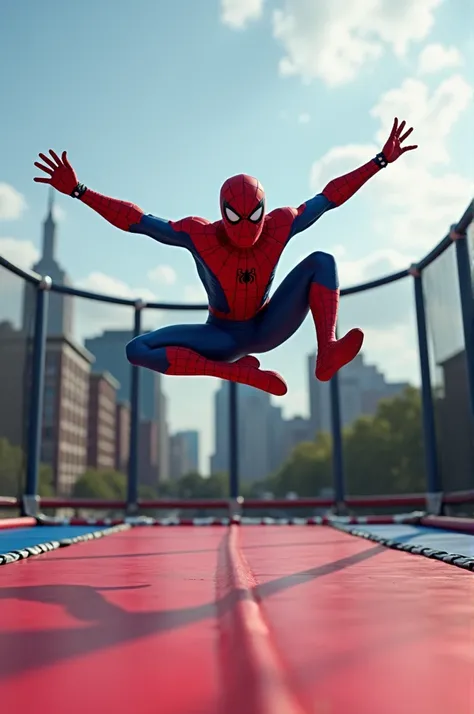 Spider-Man playing a trampoline