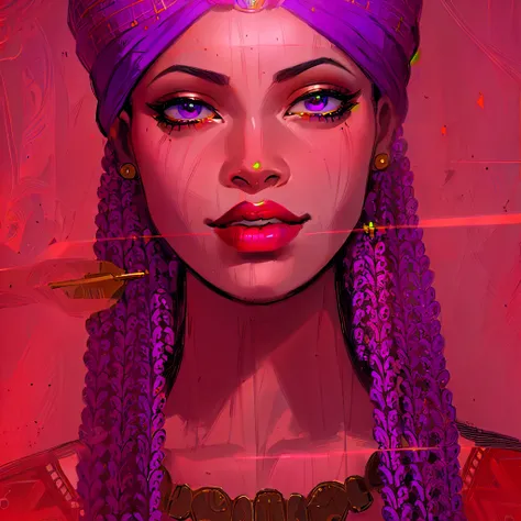 Crooked woman with purple hair wearing a turban, by Ramon Silva,  Digital painting,  unknown artist , African Queen, detailed face with red lips , mother of the month, by Ingrida Kadaka, by Emma Rios, colored drawing, AFRICAN WOMAN, inspired by Ras Akyem, ...