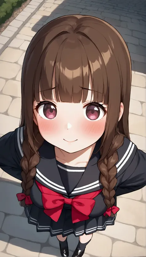 {Best Quality], [Very beautiful], [Ultra fine], [Best illustration],sauce_anime,stand,Brown Hair,hime cut,Long Hair,Braids,Excited face,Cutesy,I like you make an appeal ,High school girl,Black Sailor Suit,skirt, black long coat,Beautiful breasts, black hig...