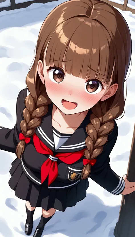 {Best Quality], [Very beautiful], [Ultra fine], [Best illustration],sauce_anime,stand,Brown Hair,hime cut,Long Hair,Braids,Excited face,Cutesy,I like you make an appeal ,High school girl,Black Sailor Suit,skirt, black long coat,Beautiful breasts, black hig...